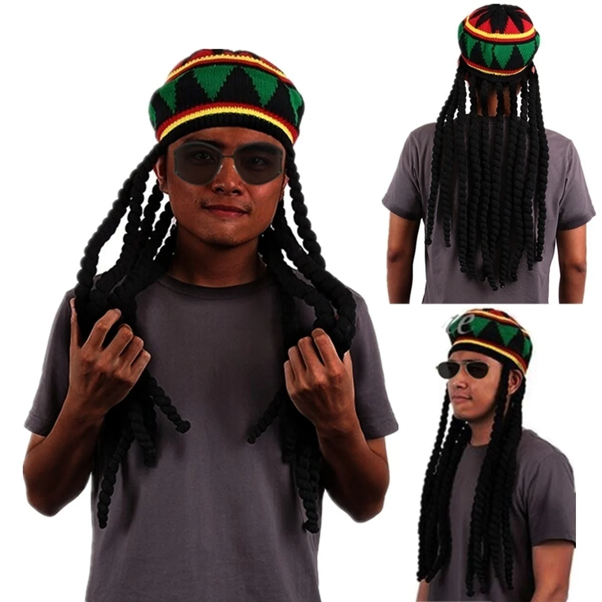 Fashion Bob Marley Reggae Jamaican Rasta Hat Dreadlocks Wig Caribbean Beret Cap Dress