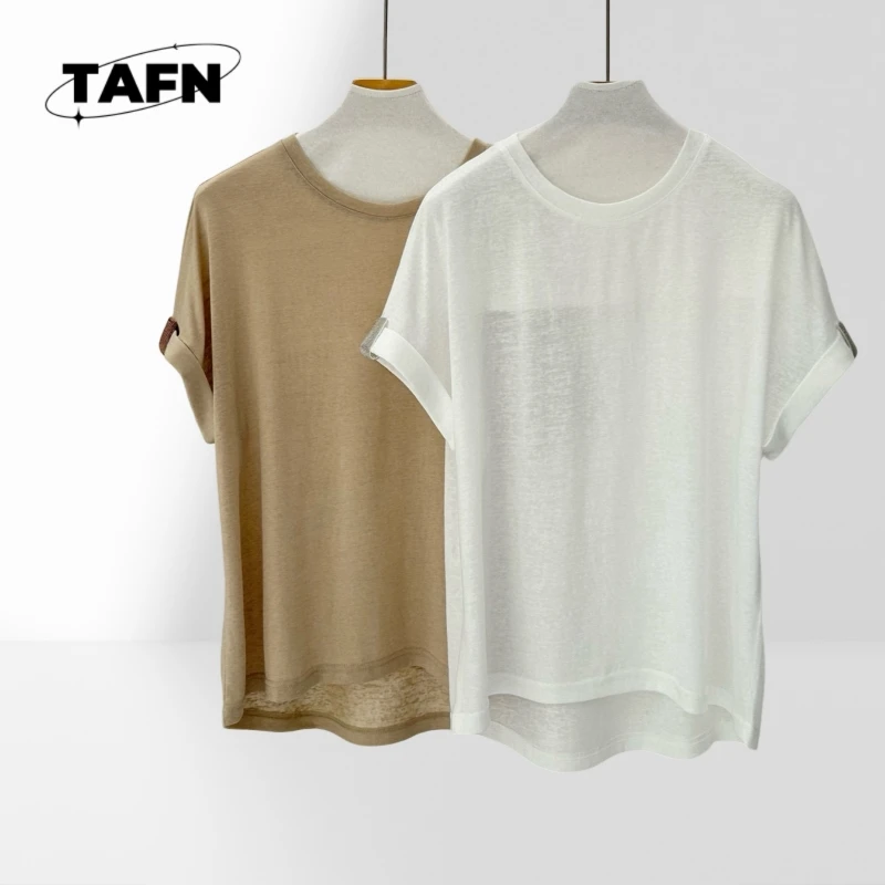 

Woven round Neck Raglan Sleeves Loose Leisure All-Matching T-shirt Heavy Industry Beads High Street Temperament AF3011