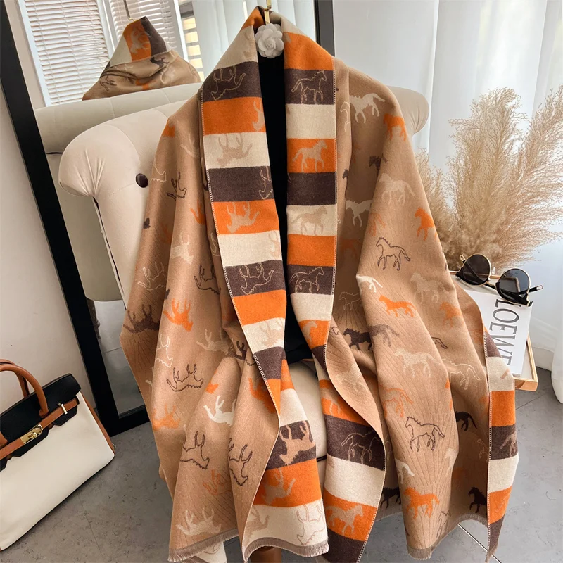 

Luxury Horse Print Warm Cashmere Scarf Women Winter Thick Shawls and Wraps Design Bufandas Poncho Female Tassel Echarpe Muffler