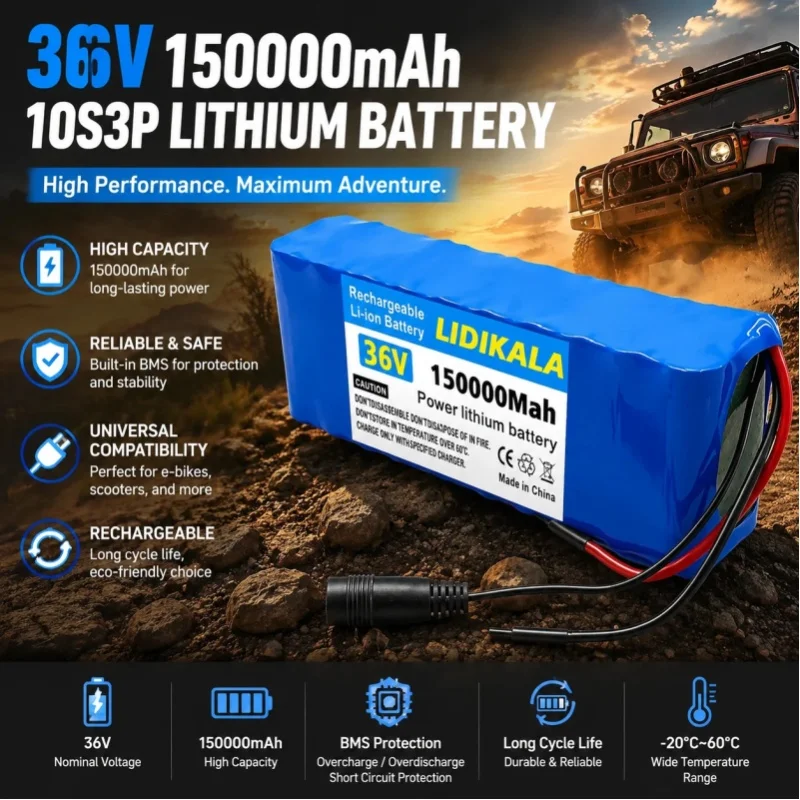 36V 10S3P 150000mAh Wiederaufladbarer Lithium-Ionen-Akku mit eingebautem BMS für Elektrofahrräder, E-Bikes, Roller, Hochleistungs-Akku