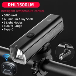 ROCKBROS 1500LM Bike Light 5000mAh Type-C Rechargeable Bicycle Light IPX6 Waterproof  With Remote Contral Cycling Front Light