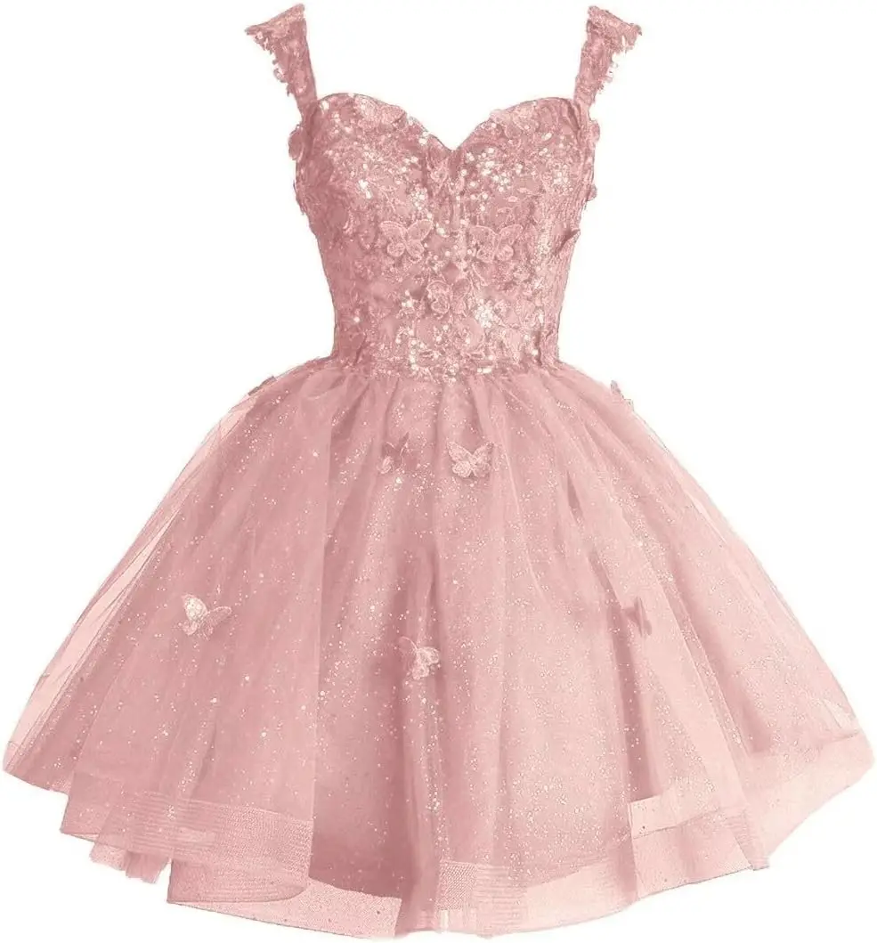 3D 나비 반짝이는 튤 짧은 홈커밍 드레스 - 십대들을 위한 오프숄더 미니 가운 반짝이는 칵테일 파티 드레스 무릎 위