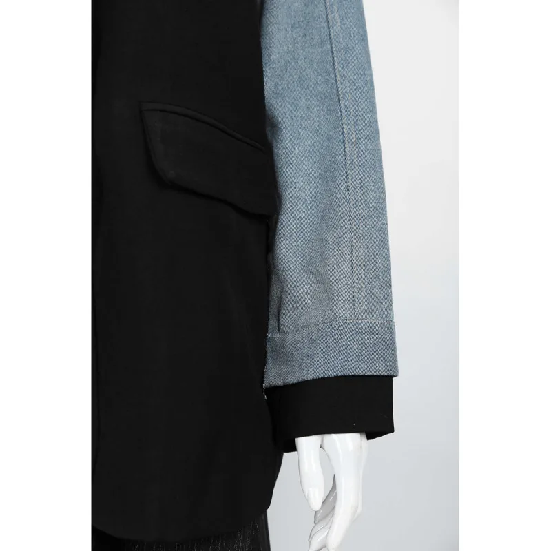 KWTX 2025, Frühling, Sommer, Damen-Kontrast-Blazer, Schwarz, Blau, zwei Knöpfe, Kerbe, Revers, hinten, Schlitz am Saum, Premium-Büro-Freizeitjacke