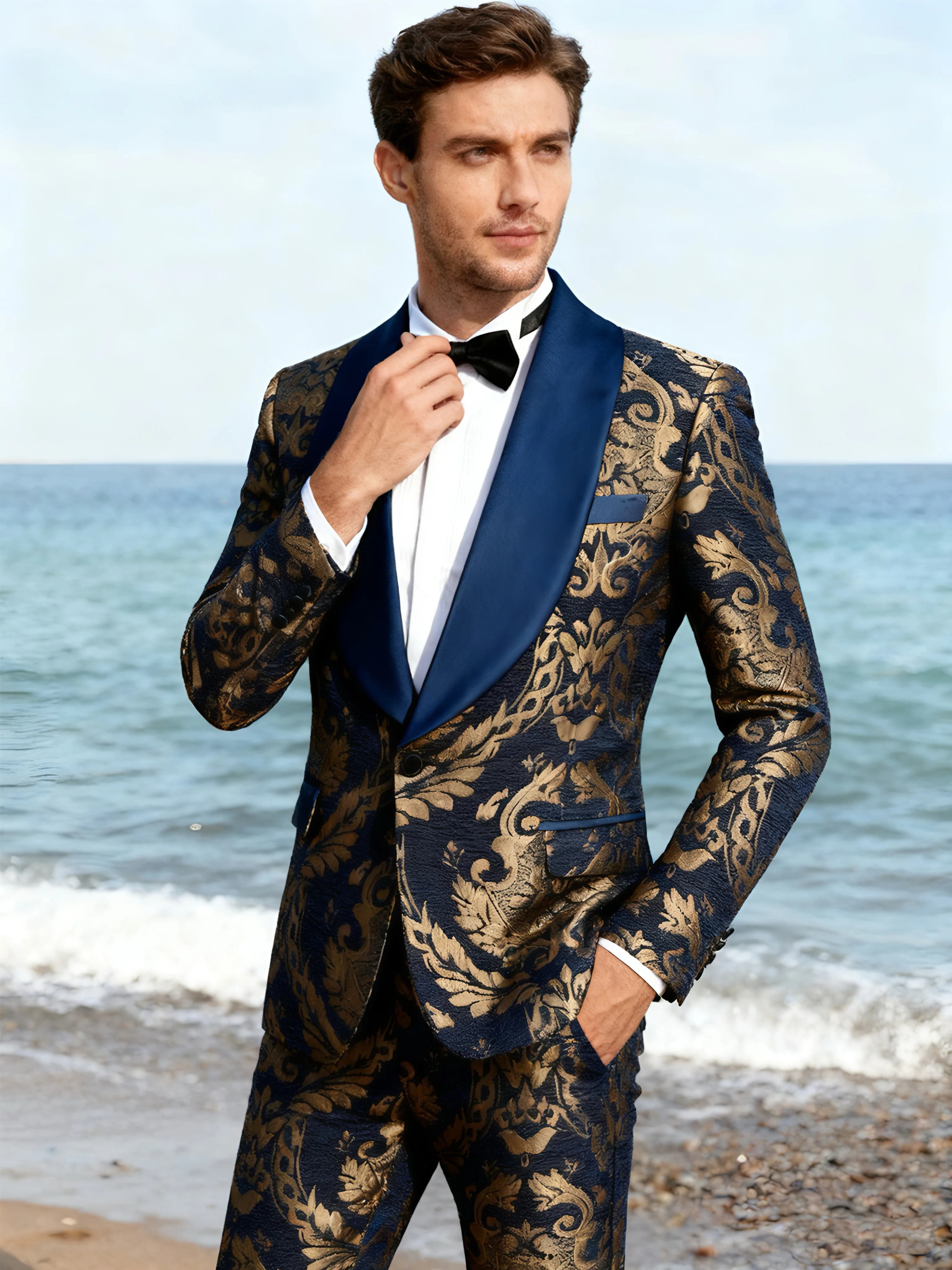 

Men's jacquard Silm fitted suit 2-piece set with shawl collar and tailcoat, suitable for weddings, parties, dances, and other oc