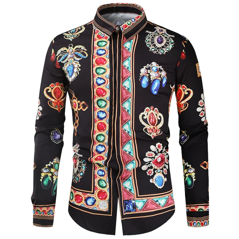 Luxury Golden Pattern Hawaiian Shirts For Men Colorful 3D Printed Blouse Casual Loose Aloha Shirts Long Sleeves Tops Streetwear