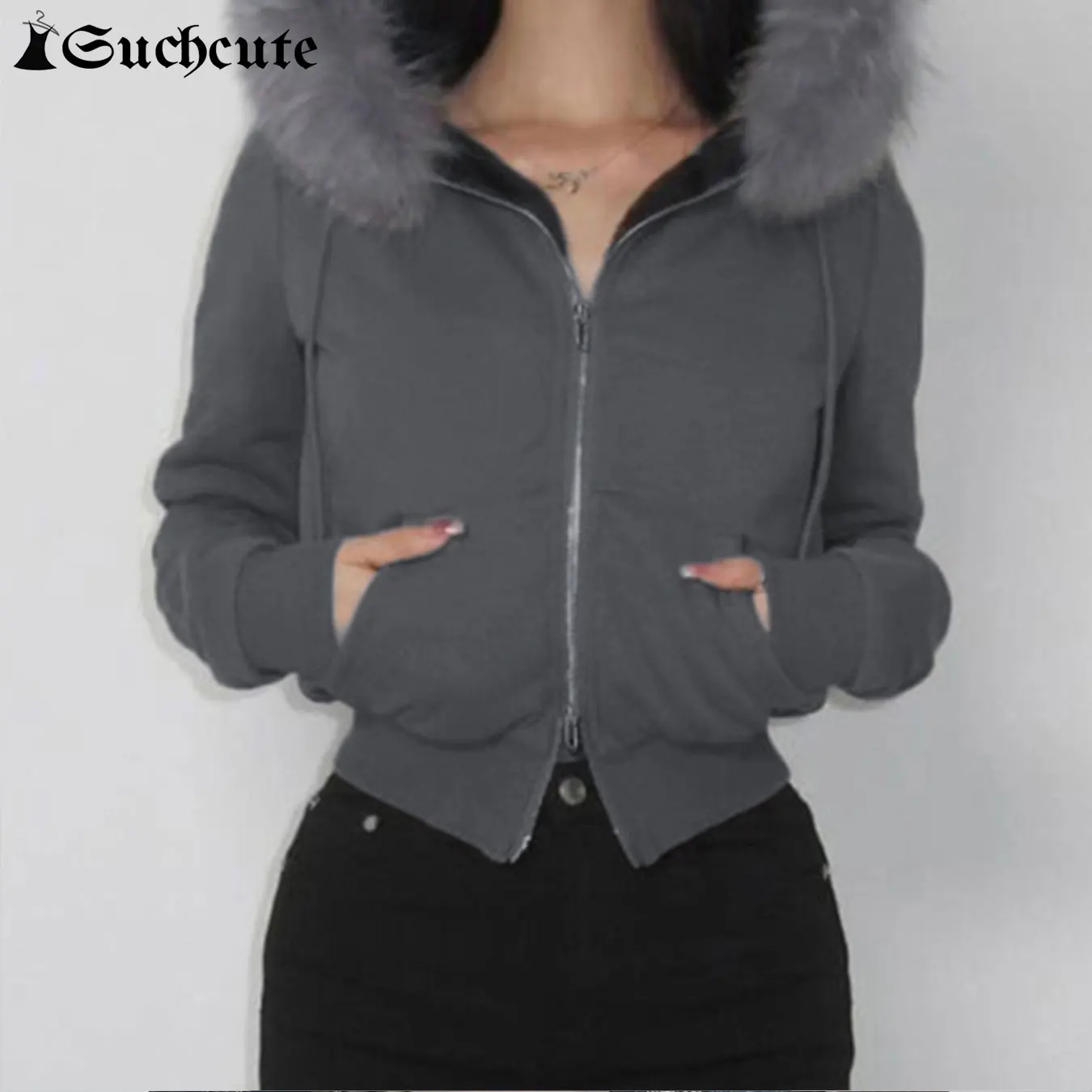 SUCHCUTE Vintage Fur Patchwork Hooded Jacket Zipper Cardigan Winter Padded Sweatshirt Y2k Aesthetic 90s Coats Women Clothes 2024