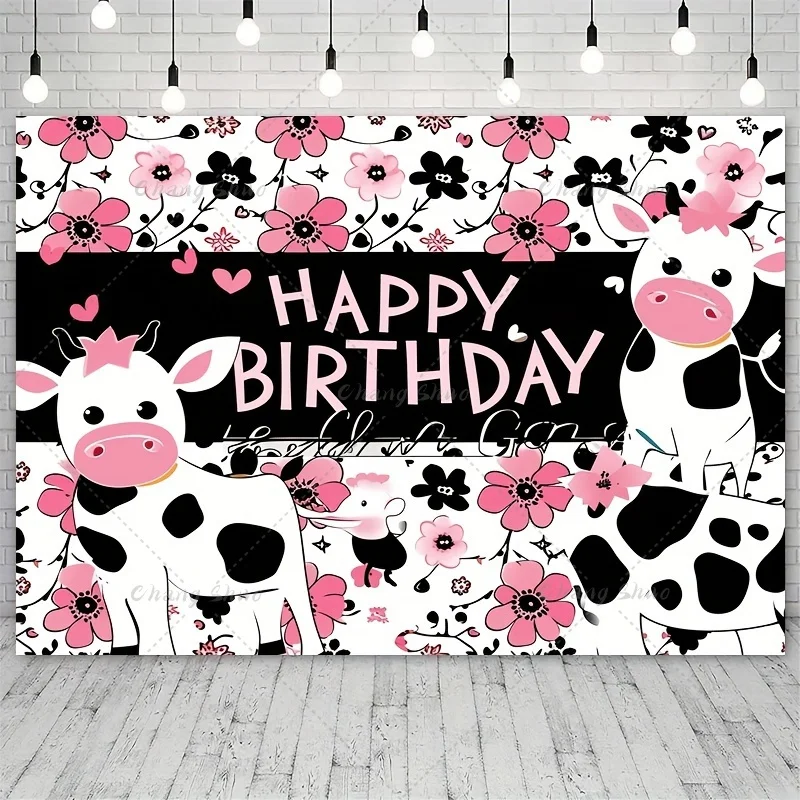 Pink Baby Shower Happy Birthday Party Cute Cow Flowers Suministros Para Fiestas Photography Banner Custom Background Decoration