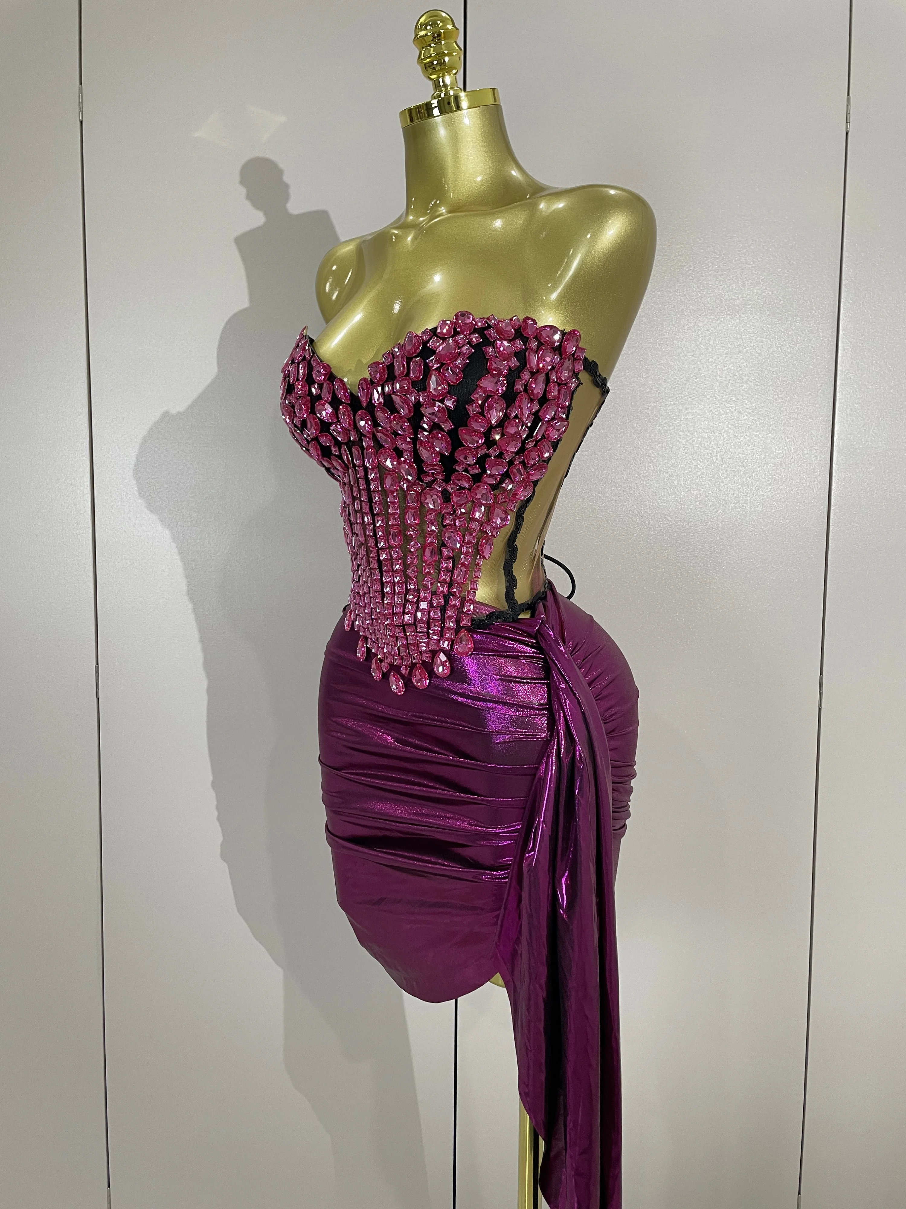 Femmes diamants scintillants cristaux maille courte deux pièces ensemble robe de luxe fête d'anniversaire célébration Sexy scène discothèque tenue