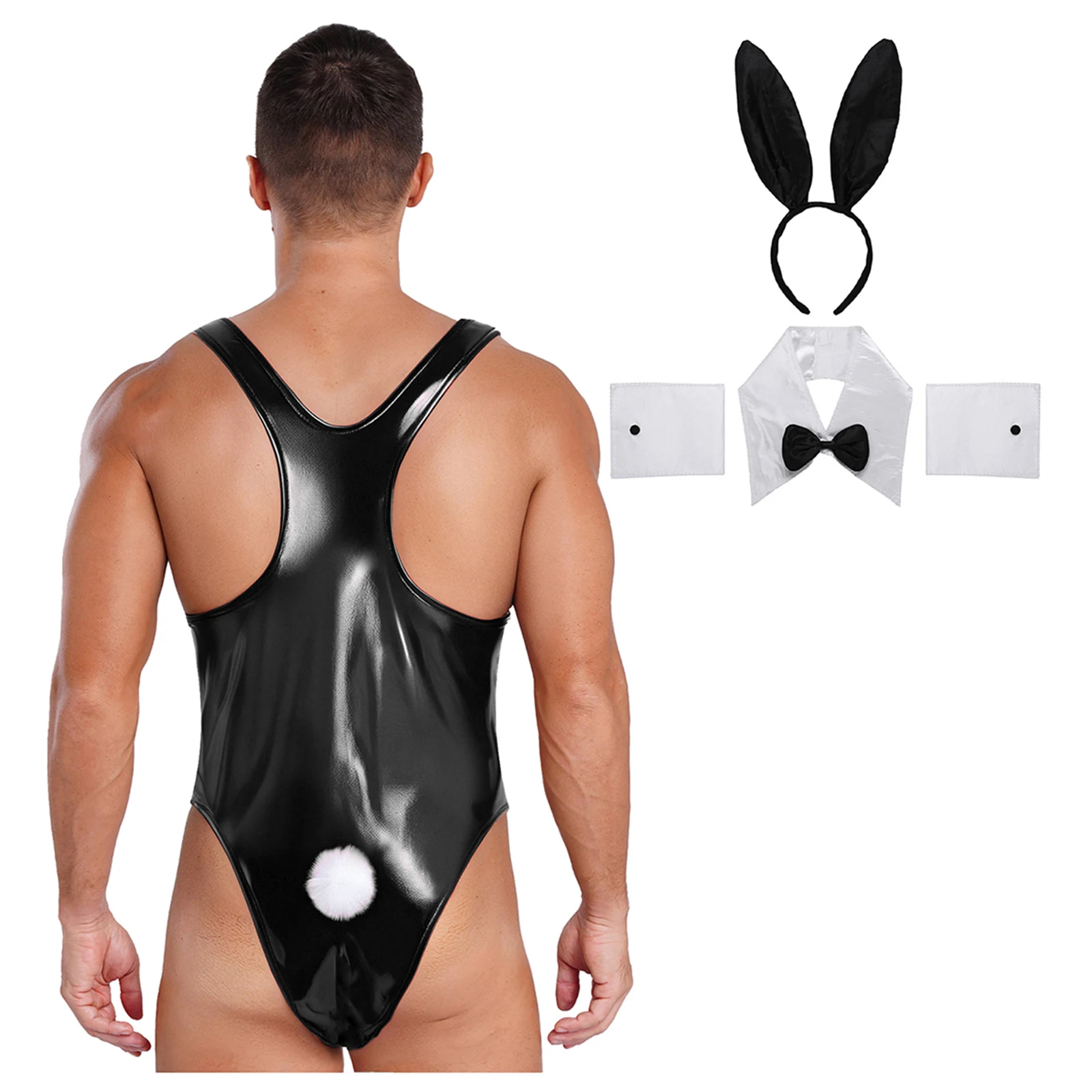 

Men Wet Look Bunny Cosplay Costume Latex Bodysuit Rabbit Ear Headwear Bowtie Collar and Cuffs for Halloween Party Drag Queen Set