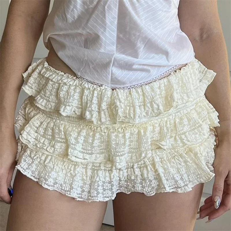 Sweet Ruffles Shorts With Frill Women Kawaii Lolita Bloomers Shorts Elastic Waist Lace Layer Ruched Shorts Skirt Party Clubwear