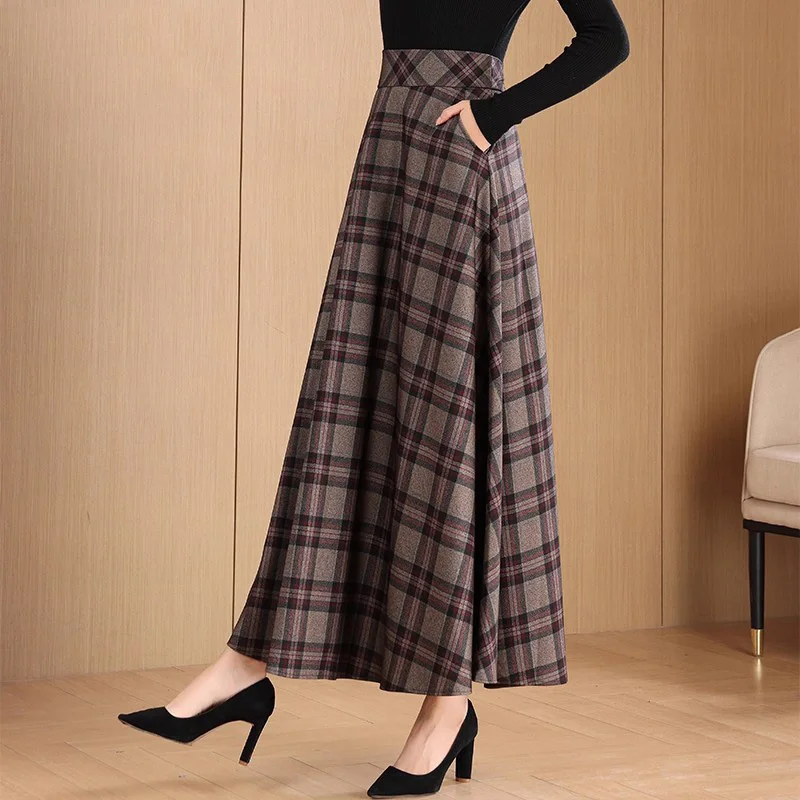 신상 여성 심플 체크 롱 스커트 가을 패션 하이웨이스트 A라인 쉬운 매치 스커트 대비 색상 캐주얼 스커트 여성용