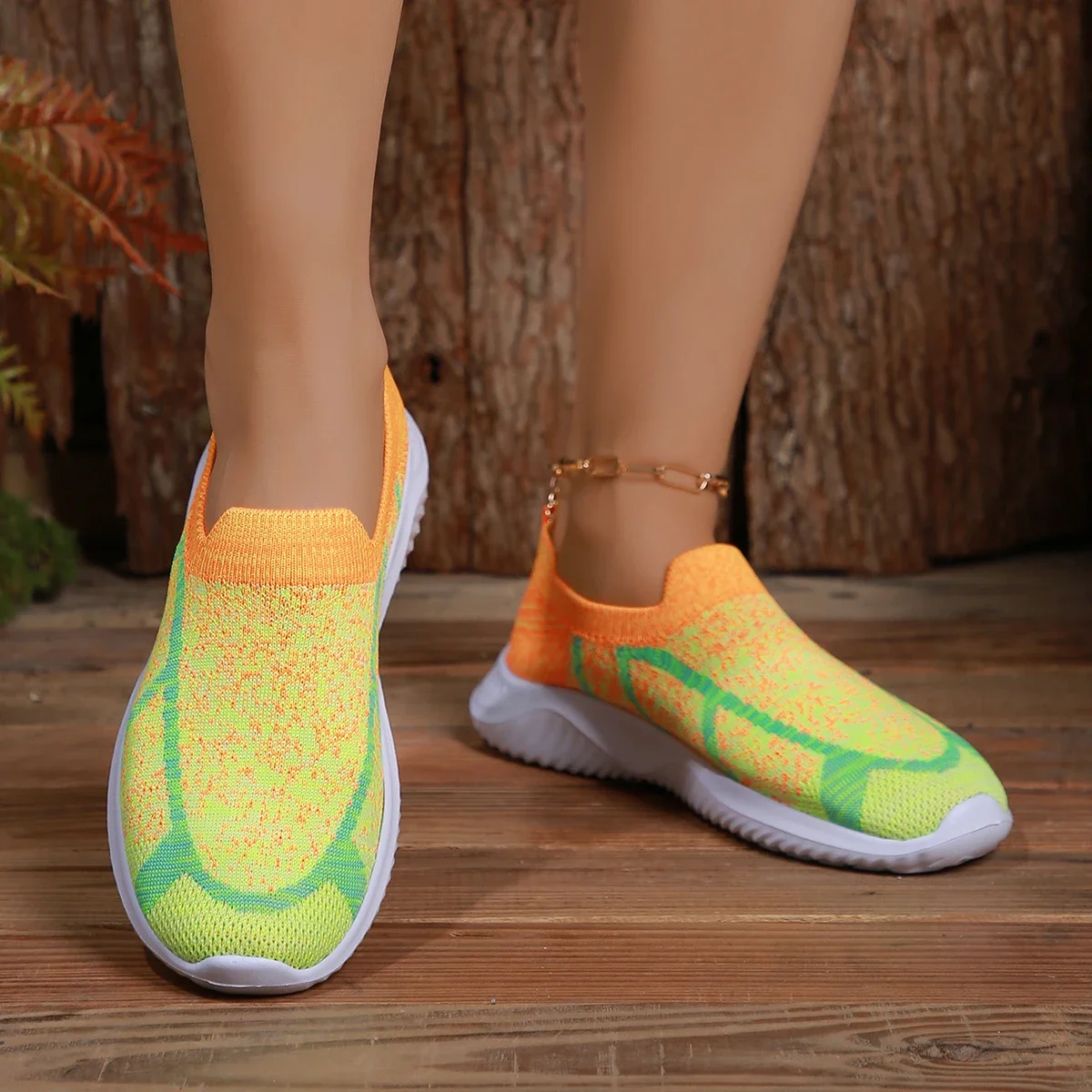 Fashion Printed Knitted Sneakers for Women 2024 Spring and Autumn Mesh Breathable Running Women's Soft-soled Casual Flat Shoes