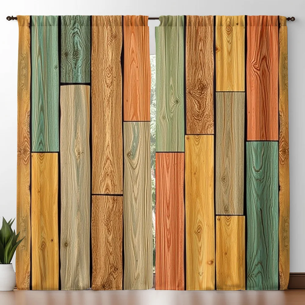 Rustic Multicolor Wood Board Curtain Panels, Vertical Wooden Plank Grain Vintage Texture Pattern Drapes for Balcony Decoration