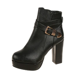 Tacchi alti donna stivaletti Zip laterale piattaforma autunno inverno stivali da donna scarpe moda di grandi dimensioni nero Beige fibbia Botas corta