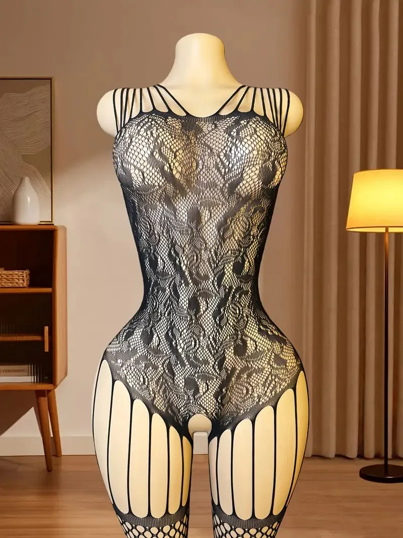 Cat Scratch Sensation Sexy Lingerie Open Cut Passionate Lace Set Black Silk Transparent Seductive Jumpsuit Mesh Stockings view 6