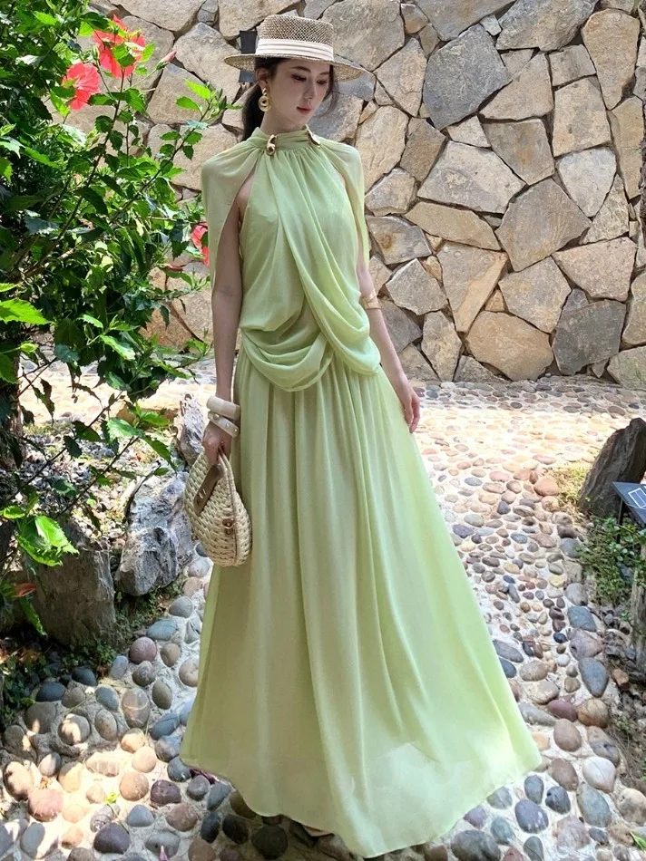 

Summer New Women's Neck Hanging Sleeveless Top And Half Skirt Two-Piece Set Slimming Waist High Waist Anti-Wrinkle Chic