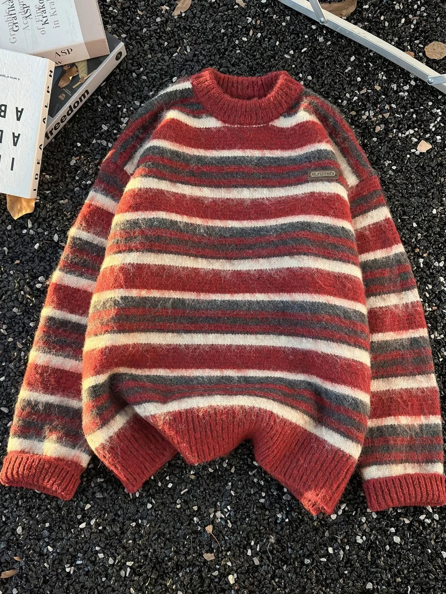 

Мужской вязаный свитер в американском ретро-стиле с полосками и цветовыми блоками, свободный крой, мягкий, в корейском стиле, для осени и зимы