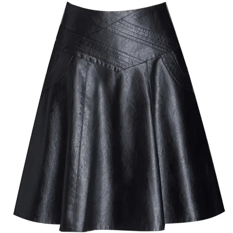 Leather Skirt Women's A-line Large Size Over The Knee Mid-length High-waist Pleated Skirt Autumn Winter New Skirt