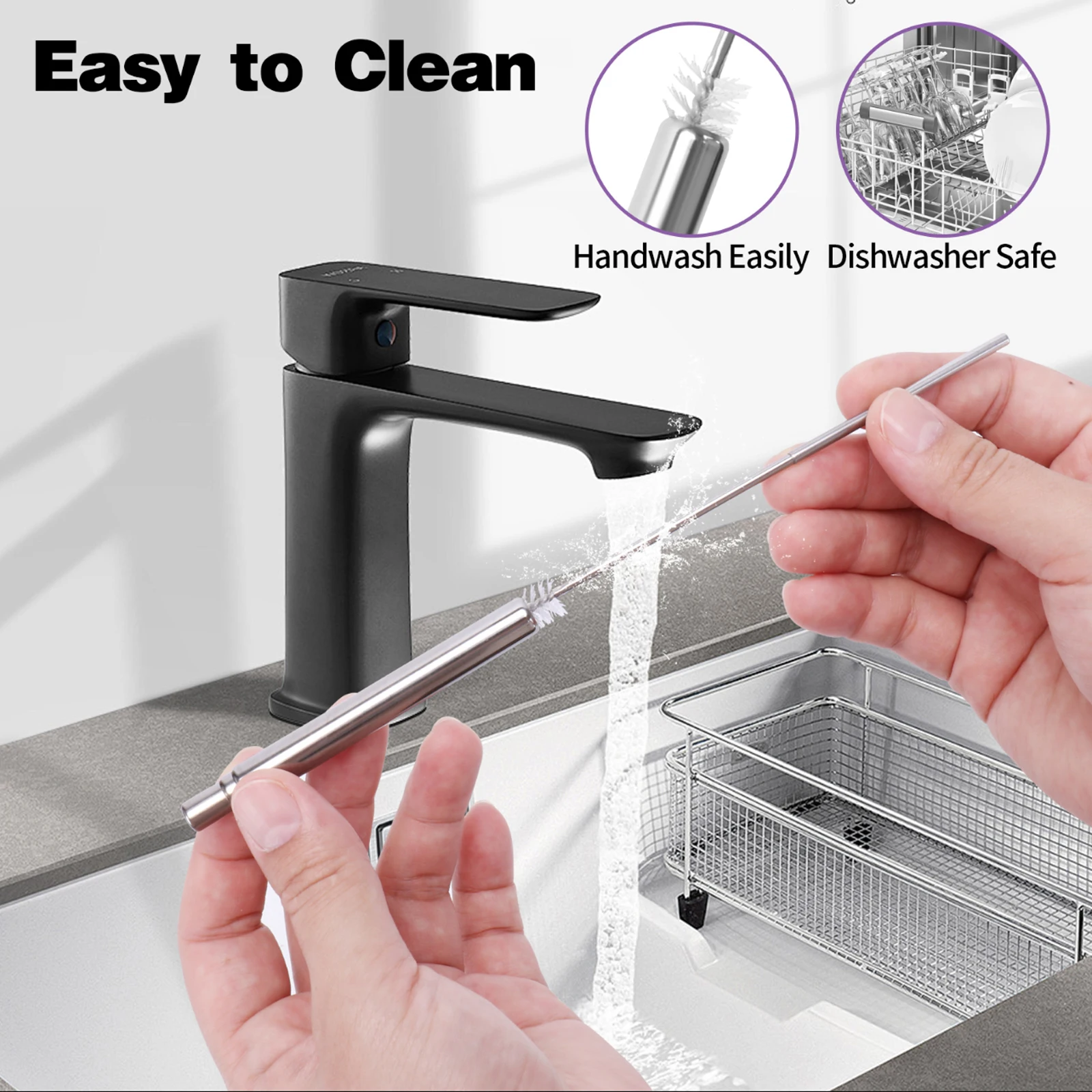 Reusable Pocket Straws Retractable Stainless Steel Straws with Cleaning Brush Portable Folding Straw Set with Keychain Organizer