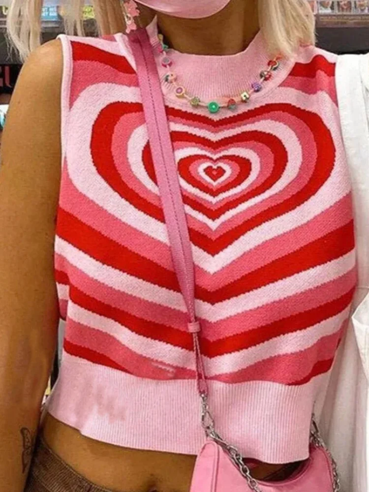 2026 New Style Women's Printed Knitted Vest, Y2K Heart-Shaped High-Neck Half-Sleeve Short Vest, Pink Stripes, Slim-Fit, Retro Street Style, Suitable for Daily Casual, Date or Vacation Wear