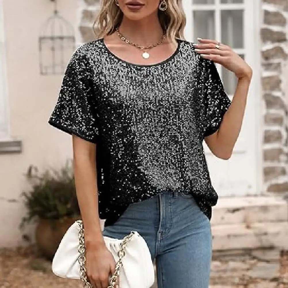 تألق الترتر المرأة بلوزة قميص جولة الرقبة قصيرة الأكمام فضفاضة بلوزة أنيقة تألق الترتر عارضة قميص الصيف قمم