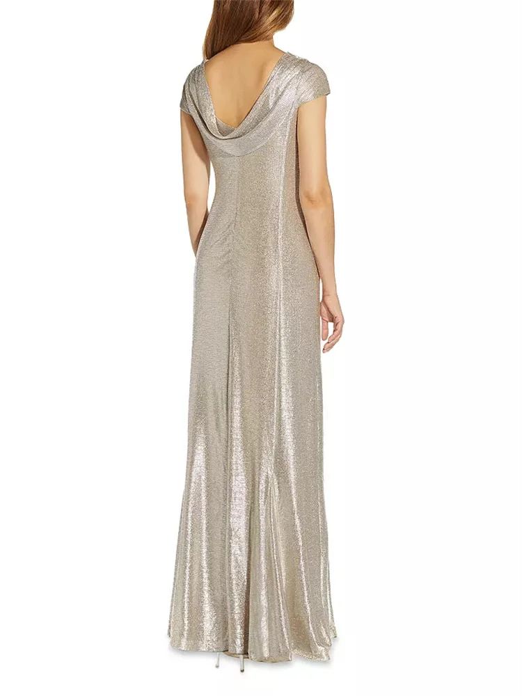 Customized Simple Metallic High-neck Dress, Hood Neckline, Draped Cap Sleeves At The Back, Waist-cinching Silhouette Dress