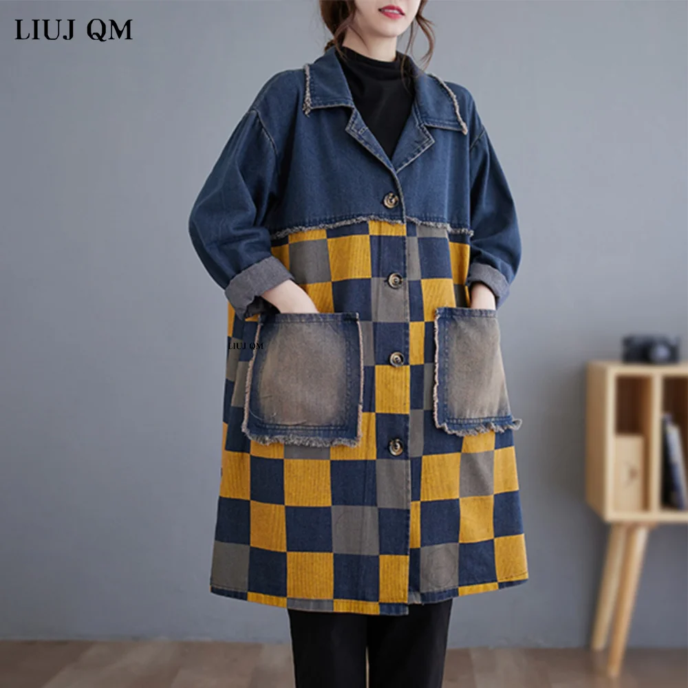 

Large size Vintage Women Denim Windbreaker Spring Streetwear Printed Loose Casual Trench Coat Long Turn-Down Collar Jean Jacket