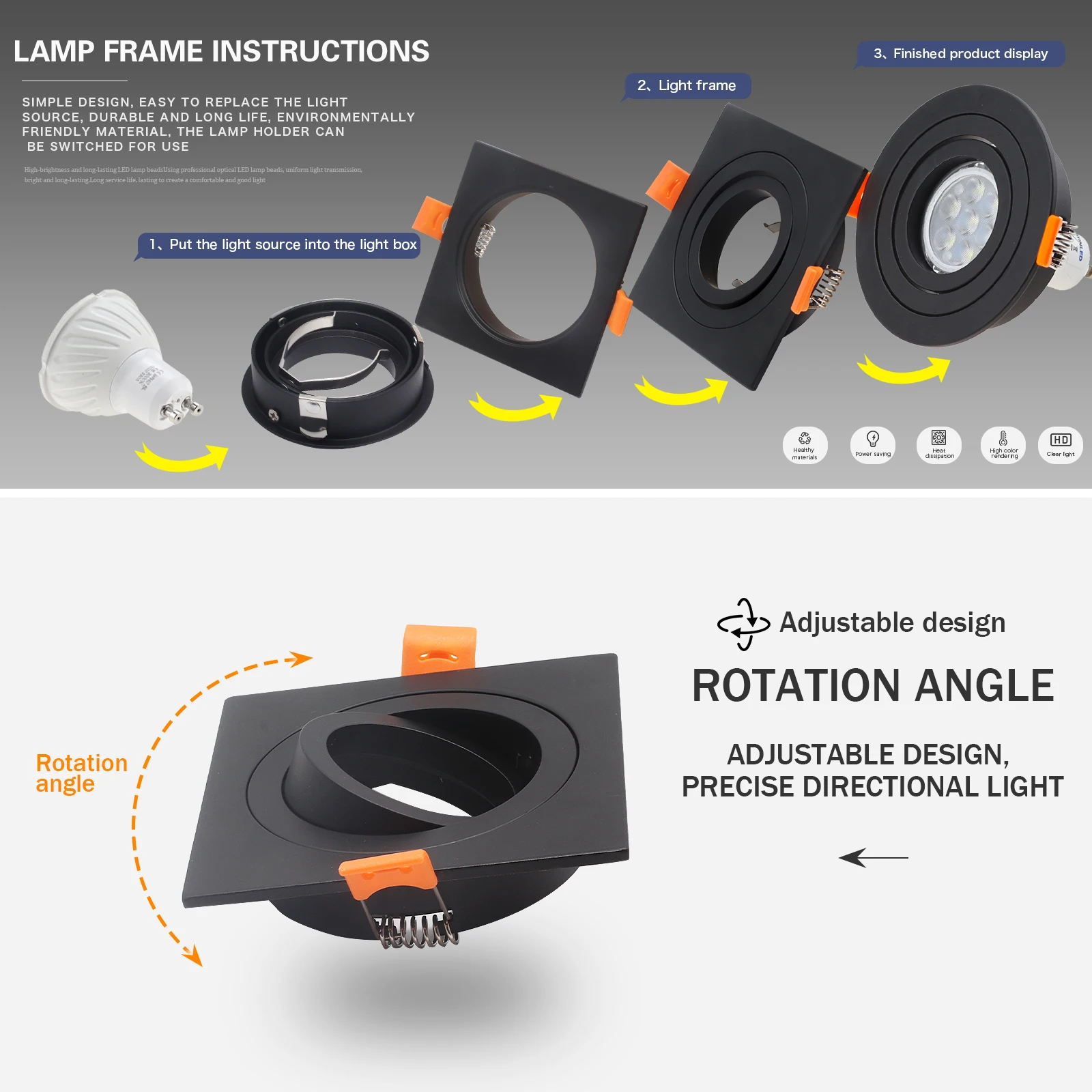 Luz de techo LED empotrada cuadrada redonda, marco ajustable MR16 GU10, accesorio de bombilla, soporte de aluminio