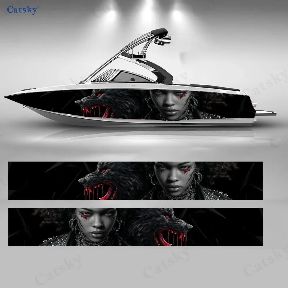 2Pcs Red Flame Wolf & Girl Boat Stickers, PVC Waterproof Durable Vinyl Wrap Decals for Fishing Boats, Durable and Stylish Design