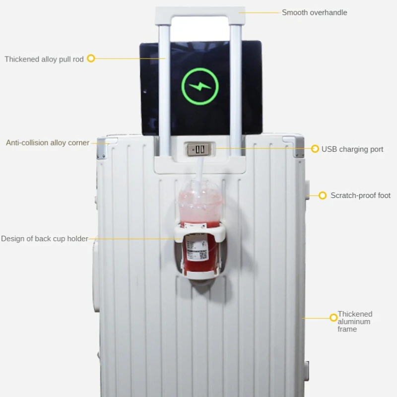 Bagagem de alumínio com suporte de copo, caixa de viagem multifuncional, mala portátil, carrinho de roda silencioso masculino e feminino