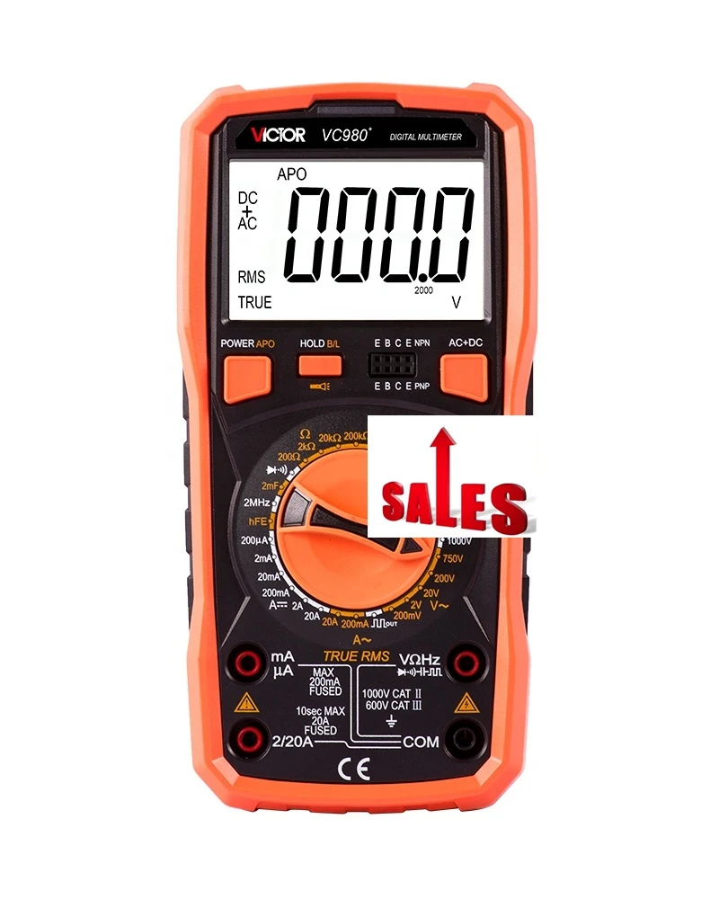 

VICTOR VC980+ Hand held 4 1/2 Digit True RMS Digital Multimeter Auto / Manual Range DC AC With Diode Square Wave Tester