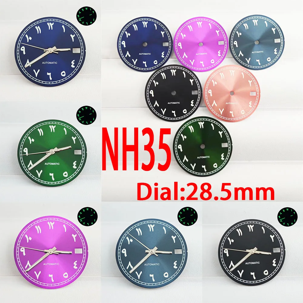 Циферблат часов NH35 28,5 мм, арабский цифровой циферблат, зеленый светящийся циферблат для NH35 NH36, аксессуары для часов с автоматическим механическим механизмом