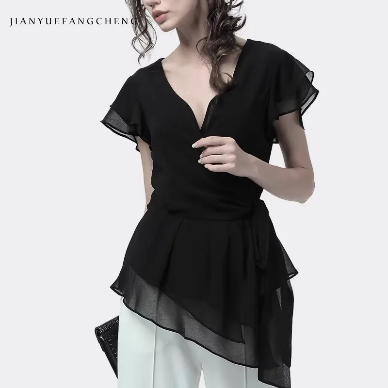 

2026 Women's Spring/Summer Bottom Shirt, Inch Shirt, Slim Look, Chiffon Shirt, Professional Ruffle Top