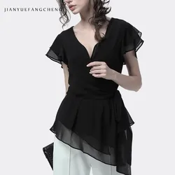 Top in Chiffon nero da donna con scollo a v a maniche lunghe 2024 autunno nuova elegante camicia Casual con lacci asimmetrica sottile impiombata