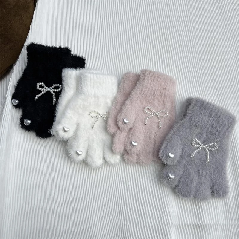 

M76C Sweet Pearls and Bowknot Decor Gloves for Girls,Soft & Breatahble Knitted Mittens Split Finger Mitts for Outdoor Sports