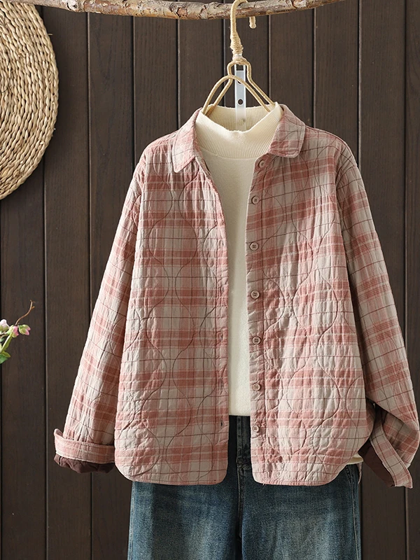 

Casual Plaid Cotton irt Winter Large Size Sli Leisure Anti-Aging Collar irt Coat Button Fastening Artistic Commute Sle