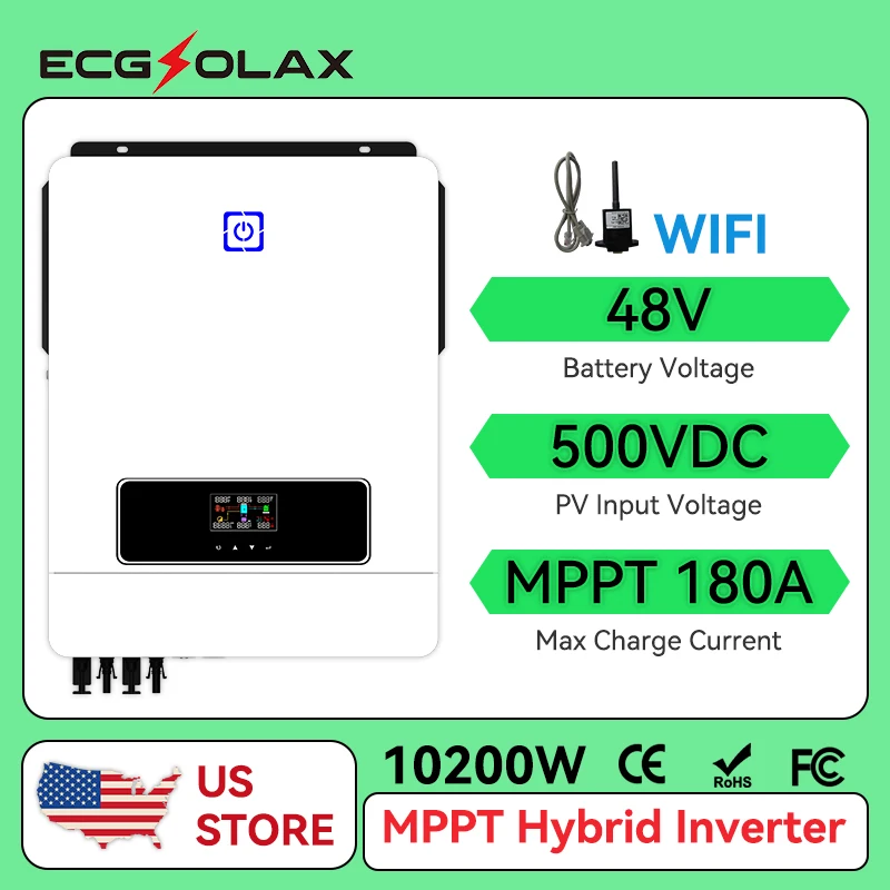 ECGSOLAX 10.2KW عاكس هجين للطاقة الشمسية 48Vdc 230Vac مع أقصى شحن 180A شاحن عاكس عاكس للطاقة الشمسية ماكس PV 500VDC