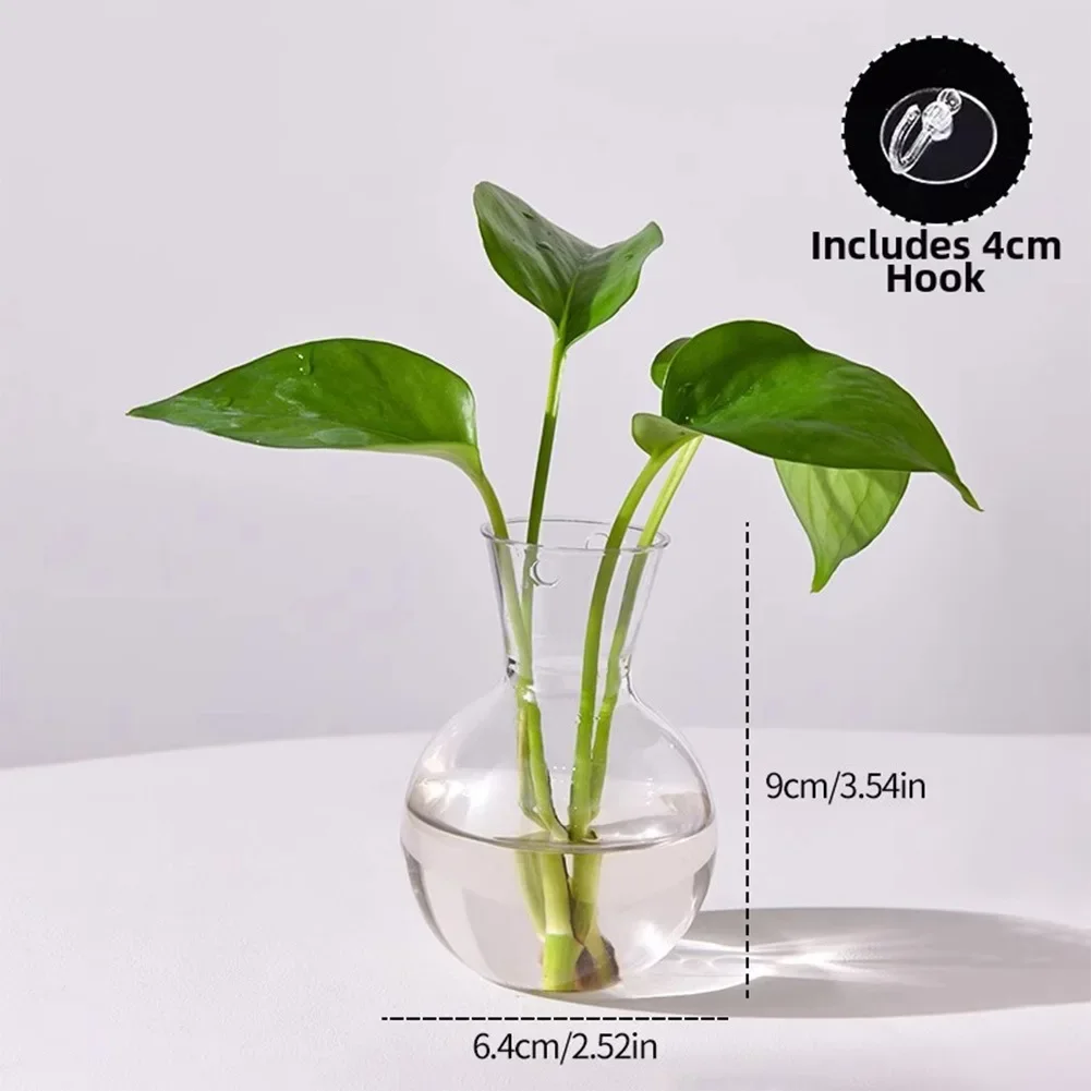 Bulb-Shaped Transparent Vase with Suction Cups and Hooks for Water-Based For Plant Propagation on Vertical Smooth Surfaces