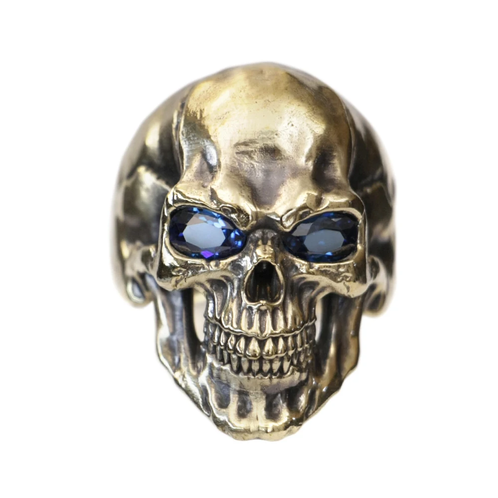 Blue CZ Eyes Details Brass Smile Skull Ring Punk Jewelry BR464 US Size 8~15