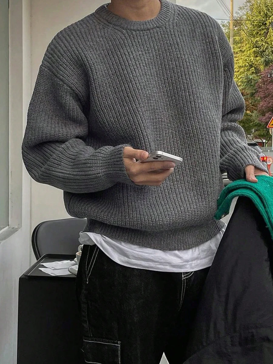 

Серый свободный свитер в рубчик для мужчин, повседневная осенне-зимняя одежда