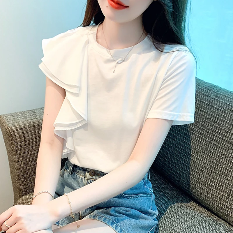 Summer White Irregular Ruffled Blouse Women O Neck Fashion Short Sleeve Elegant Shirt Korean Female Casual Loose Tops 1004