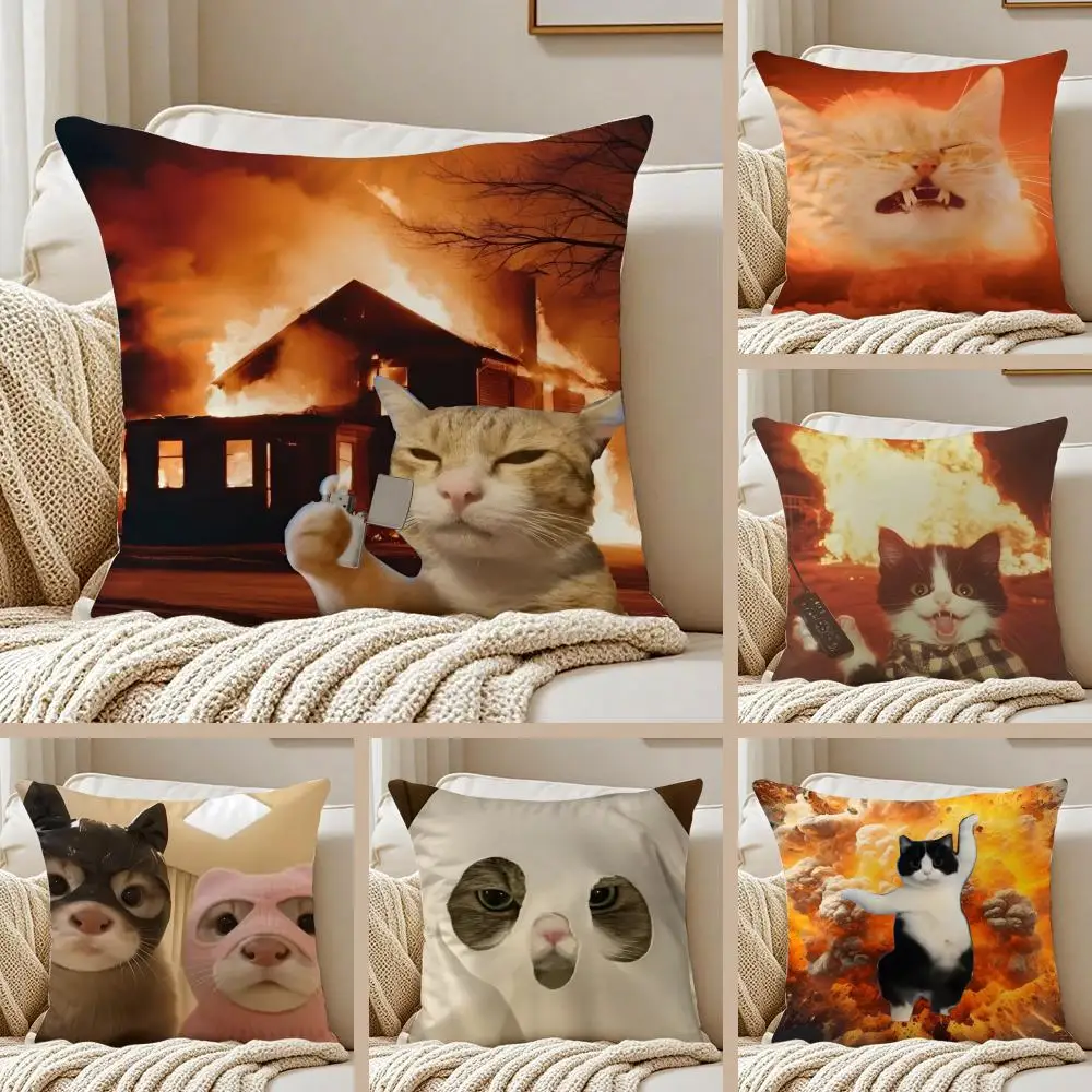 Fun Cute Kawaii Anime Abstract Art Cat ignites Cushion Cover Pillowcase Anti-dustmite Invisible Zipper Short Plush Sofa Cushion