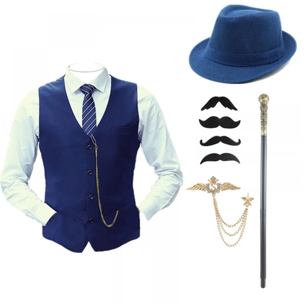 1920S Men\'s Costume Roaring 20S Cosplay Costumes for Men Gatsby Gangster Outfit Accessories with Vest Watch Bow Tie Hat Armband