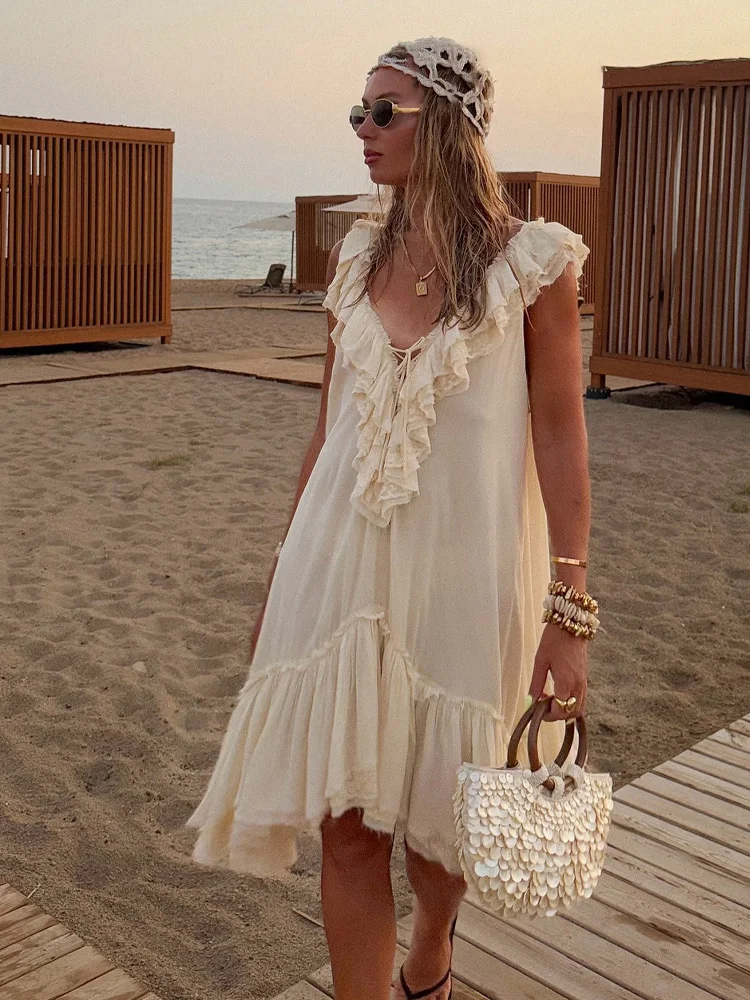 HH Moda Feminina Vestidos Soltos Sem Mangas Sólidos Com Decote Em V Sem Encosto Arco Lace-Up Feminino Verão Casual Em Camadas Mini Vestido