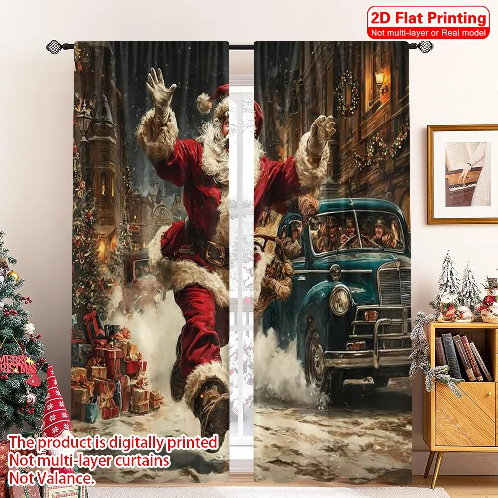 

2pcs 2D flat printing Merry Christmas Popular Party Window Curtains Santa Claus Car Versatile Polyester Without Electricity