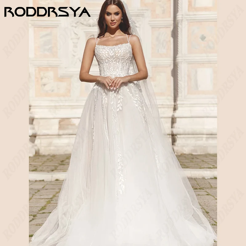 Roddrsya elegante Tüll A-Linie Brautkleider ärmellose rücken freie Brautkleid U-Ausschnitt Spitze Applikationen Braut party für Frauen elegante Tüll A-Linie Brautkleider ärmellose rücken freie Brautkleid U-Ausschnitt S