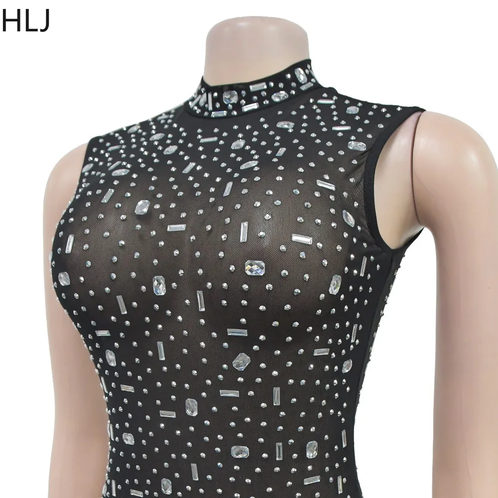 HLJ Sexy strass vedere attraverso abiti lunghi senza maniche aderente Maxi abiti maglia dolcevita vestito da festa di compleanno sera nuovo