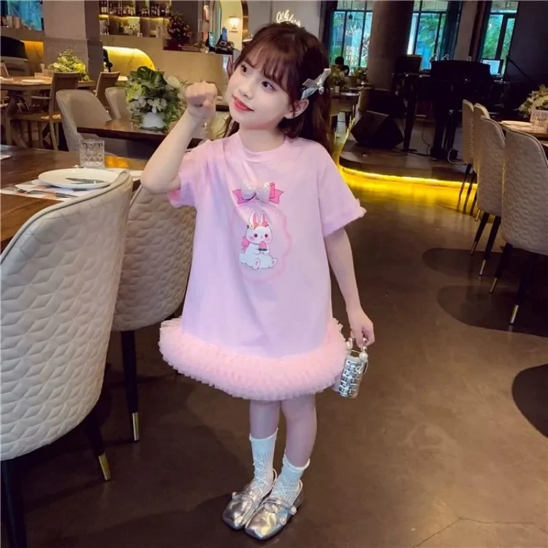 

Лето 2023, новое корейское издание, свободная детская кружевная юбка в западном стиле, детское платье принцессы, платье с короткими рукавами для девочек