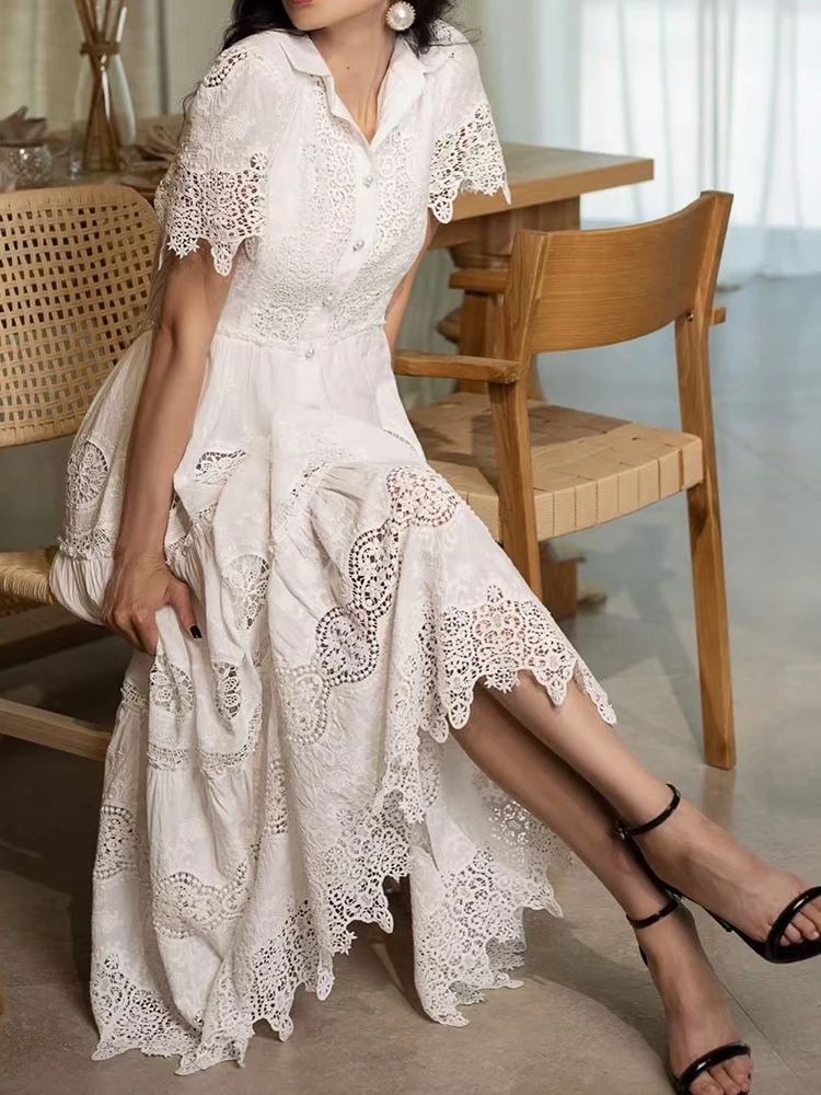 Retro spring and summer women's new lapel lace short sleeve lace waist openwork dress fashion swing A-shaped dress.