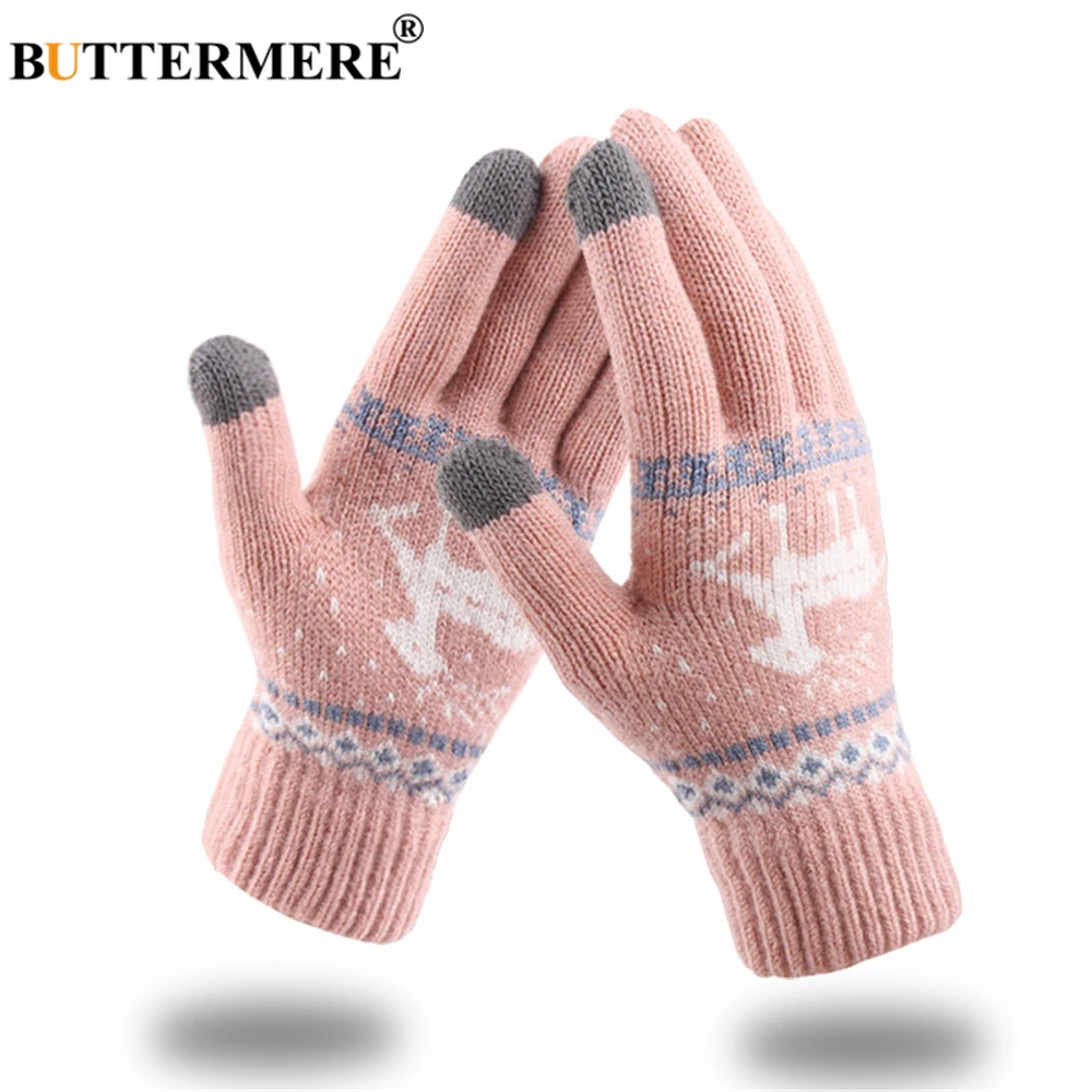 BUTTERMERE Knitting White Gloves Women Men Touch Screen Deer Pattern Christmas Warm Male Female Glove Fashion Guantes